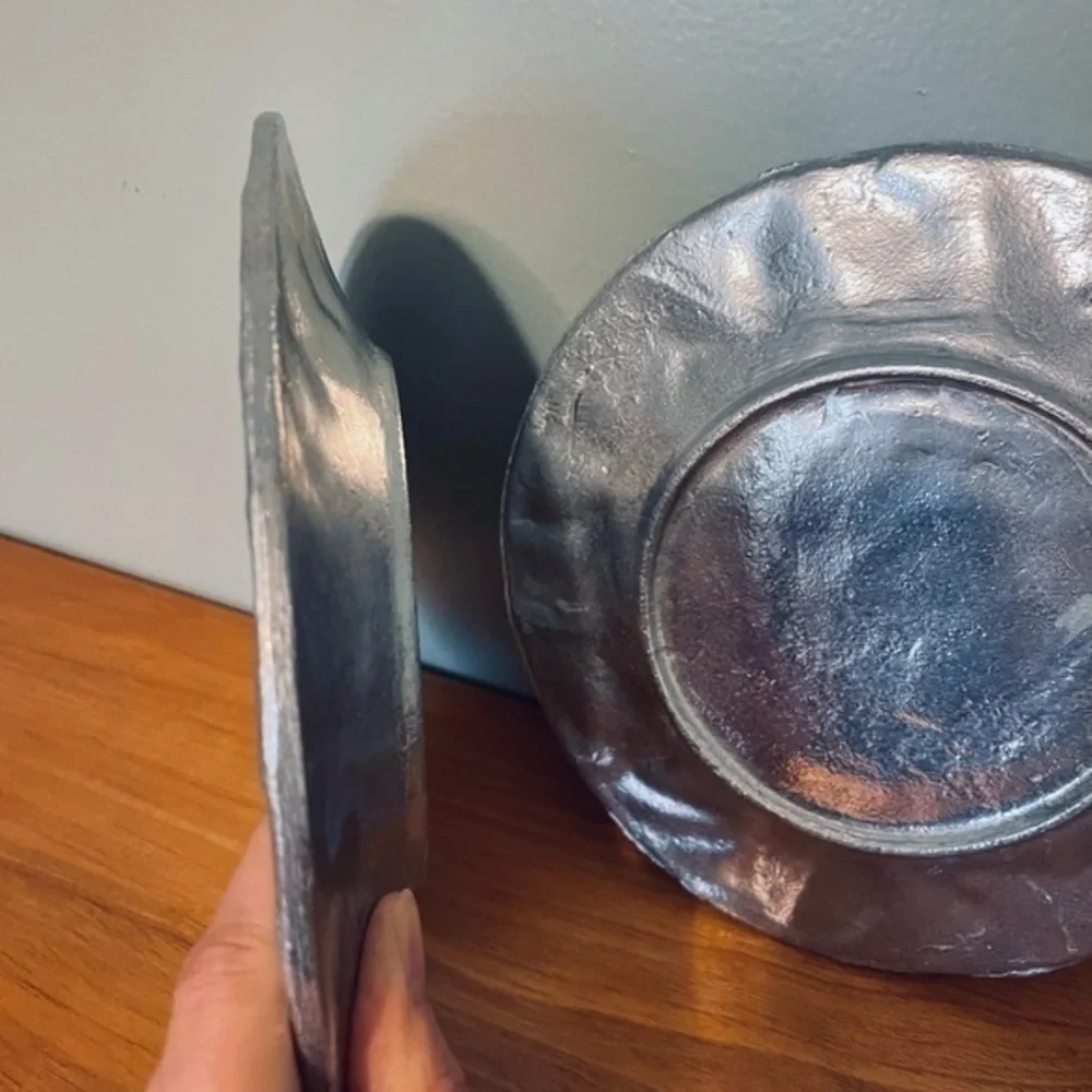 Set of 2 Vintage dinnerware pewter plates, fruit motif | 7.5”